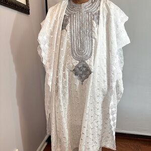 African Mens Clothing Lace Material Embroidered 3 Pcs Agbada Shirt Pants Dashiki